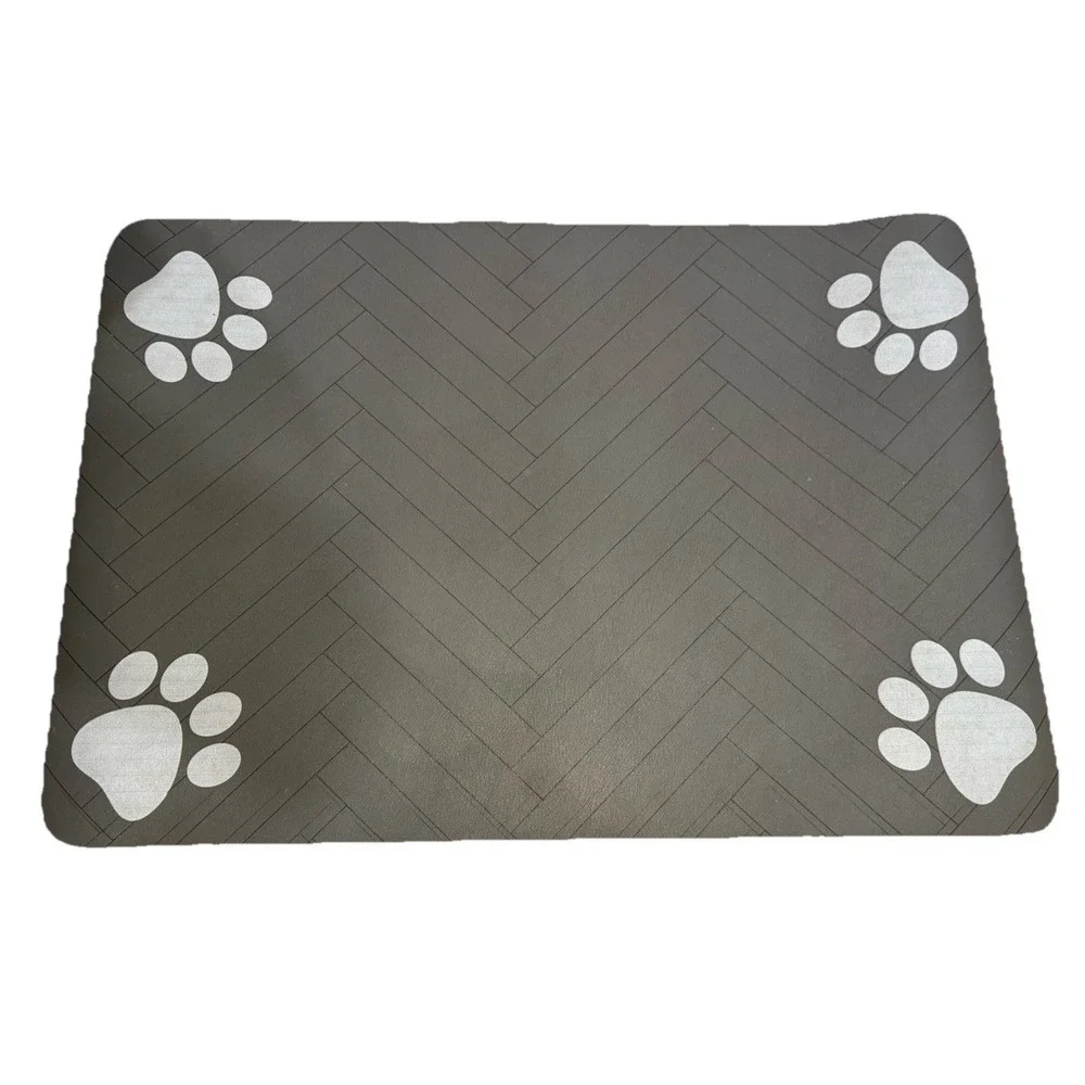 Grey Absorbent Paw Print Pet Food Mat Waterproof Herringbone‎ Design 16x24
